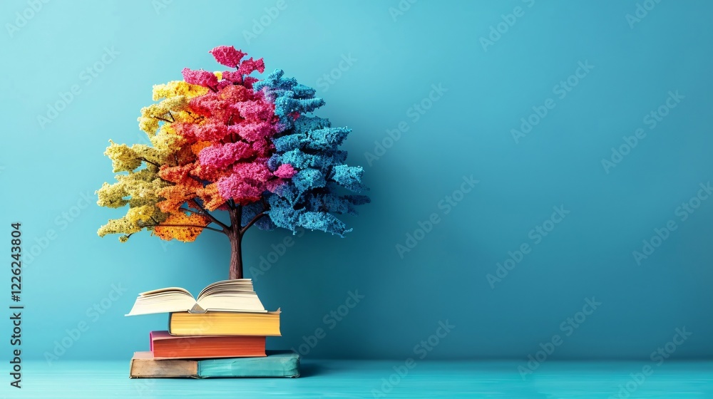 Poster colorful tree is growing from books on a blue background symbolizing knowledge and creativity
