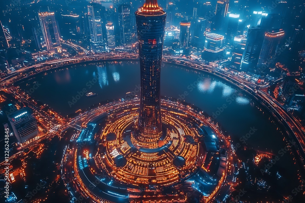 Aufkleber Dazzling Nighttime Skyline of Futuristic City with Skyscraper and Roundabout : Generative AI