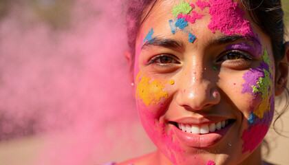 Obraz premium Joyful celebration with smeared colorful face at outdoor festival, Holi