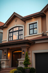 Naklejka premium Luxury Home Exterior at Dusk: Modern Architecture, Elegant Design, and Stunning Facade