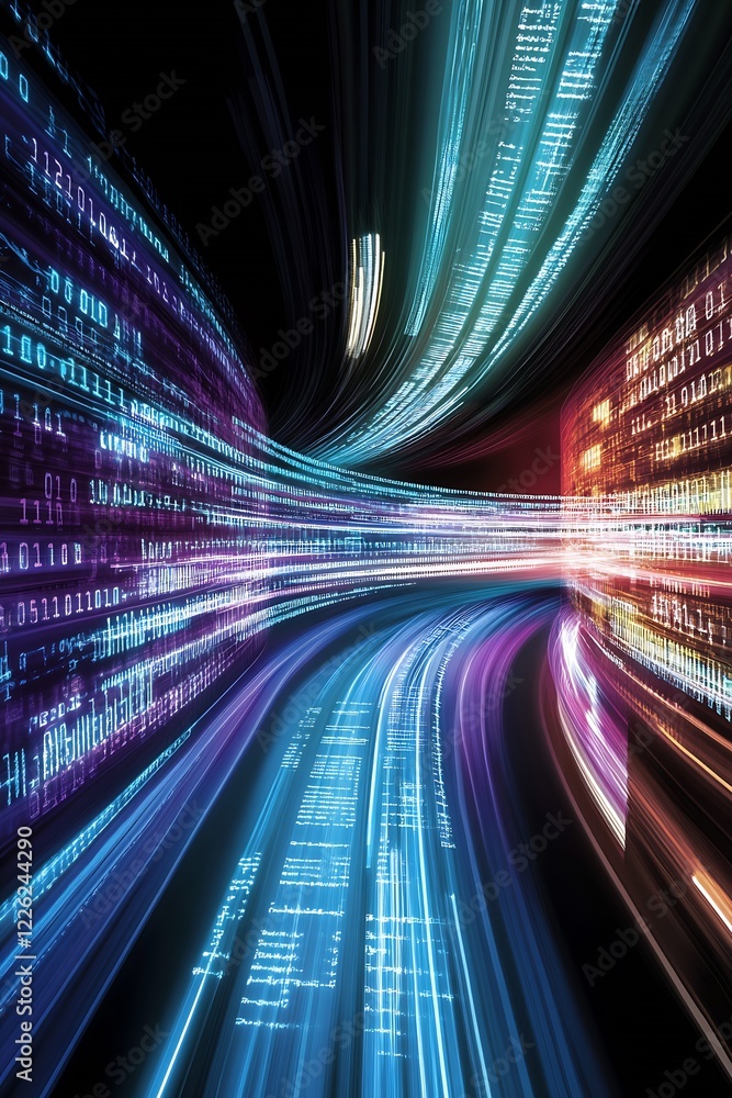 Aufkleber Futuristic Data Network with Bright Streaming Binary Code and Digital Light Trails in Motion : Generative AI