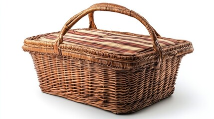 Rustic wicker picnic basket with plaid lining, isolated on white.