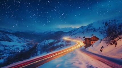 Fototapeta premium Enchanted Winter Night: Mountain Cabin, Starry Sky, and Winding Road