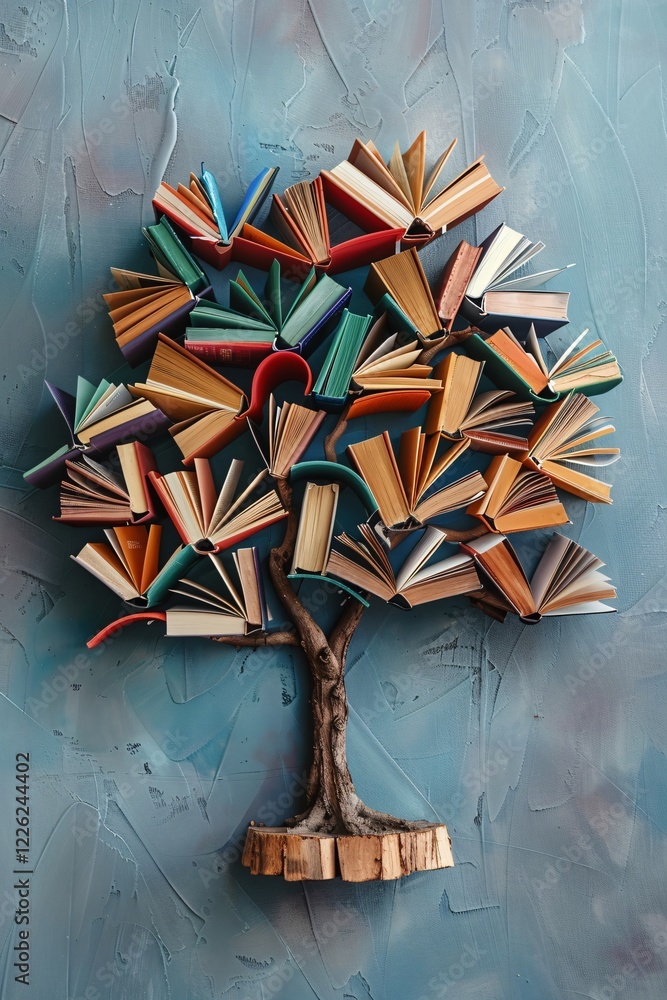 Poster tree grows with open books as leaves representing knowledge, wisdom, and imagination against a blue 
