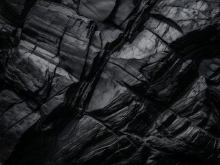 A close-up fragment of a mountain with a detailed rock texture. The surface is dark black and has a gritty, grunge-like appearance with natural cracks and rough patterns, conveying an aged, raw feel