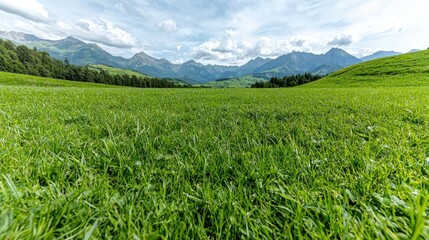 Fototapeta premium Lush green grass grows in a vast alpine meadow under a cloudy sky with majestic mountains in the background during daytime.