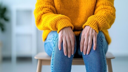 A person sitting on a chair, wearing a cozy yellow sweater and jeans, with hands resting on knees.
