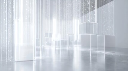 quantum computing visualization with floating glass processors connected by streams of light data set in minimalist white environment