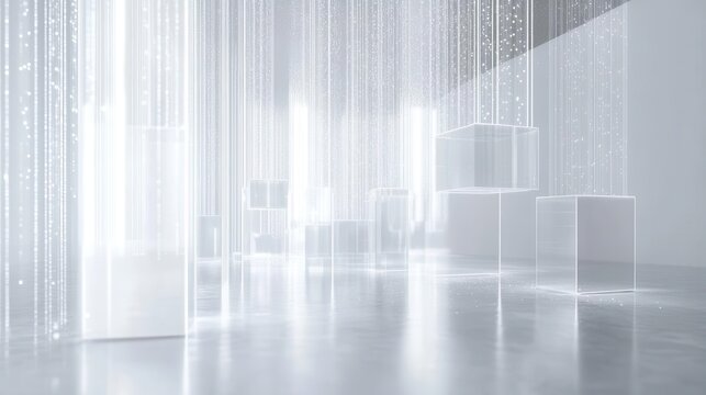 quantum computing visualization with floating glass processors connected by streams of light data set in minimalist white environment