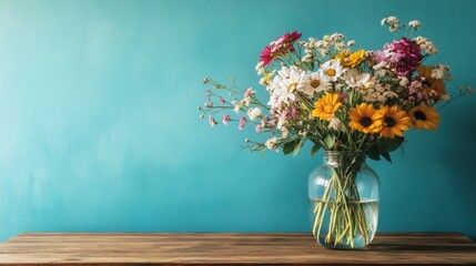 A Vibrant Bouquet Of Wildflowers In A Clear Glass Vase Sits On A Rustic Wooden Table Against A Teal Wall.  The Scene Is Peaceful And Summery.