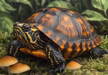 Obraz premium Vibrant Eastern Box Turtle in Natural Habitat Surrounded by Greenery and Small Mushrooms on Forest Floor Captured with Artistic Detail and Clarity