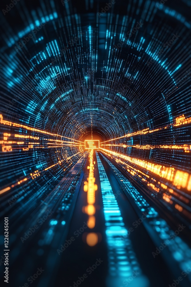 Fototapete futuristic digital data tunnel with dynamic light trails in blue and orange : generative ai