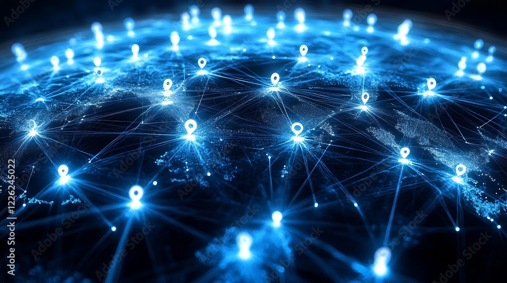 Poster futuristic global network connections with glowing digital pins on earth visualization : generative 