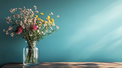 A Vibrant Bouquet Of Wildflowers In A Clear Glass Jar Sits On A Wooden Surface Against A Teal Wall, Bathed In Sunlight.  It Evokes A Feeling Of Serenity And Natural Beauty.