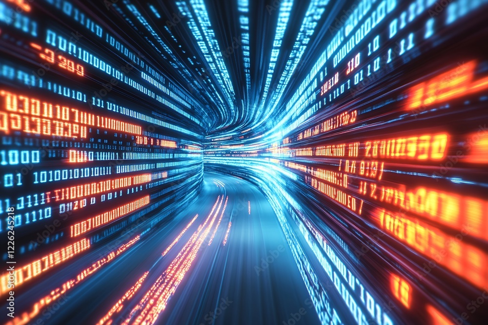 Poster Futuristic Binary Data Stream Flowing Through Digital Tunnel in Blue and Orange Glow : Generative AI