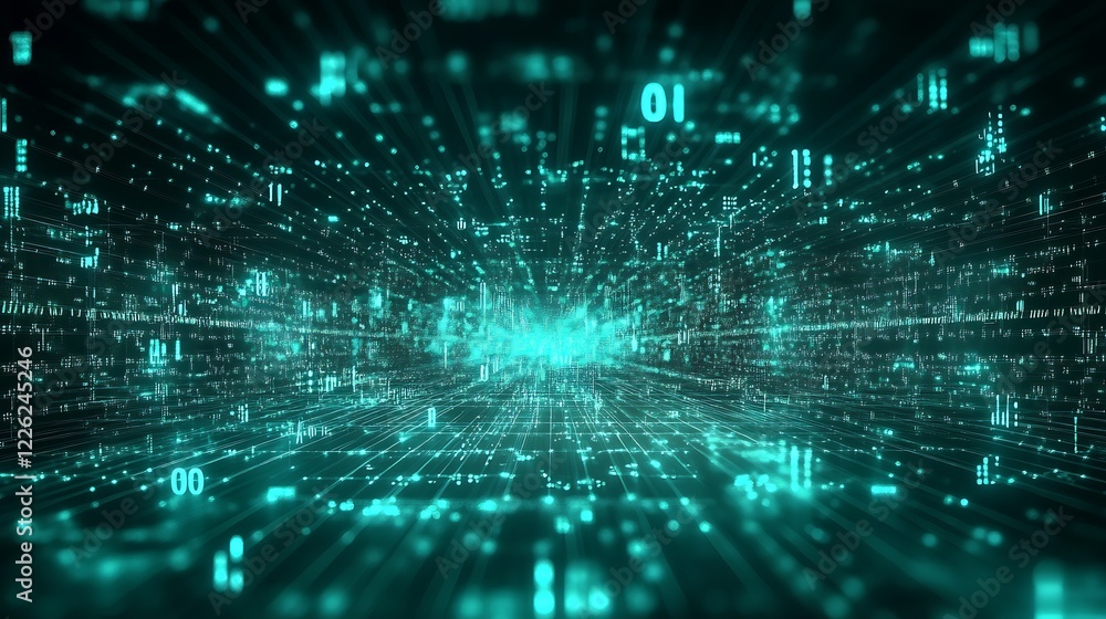 Poster abstract teal digital matrix highlighting futuristic technological themes : generative ai