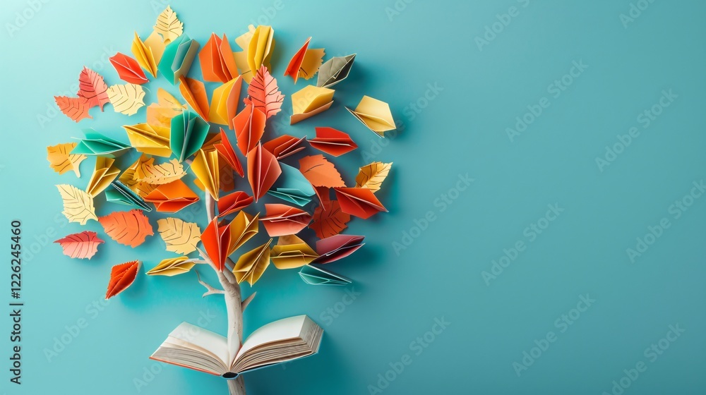 Poster origami tree blossoming from an open book symbolizing the power of knowledge