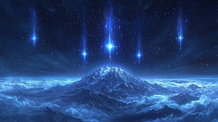 Fototapeta premium Celestial Descent: Mystical Mountaintop Under a Shower of Blue Stars
