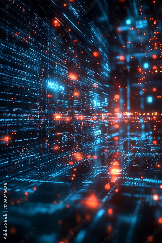 Aufkleber Futuristic Technology Data Network with Vibrant Lines and Glowing Points in Blue and Orange : Generative AI
