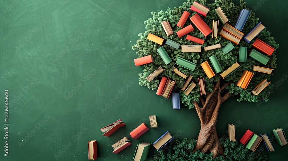 Poster tree is growing on a green chalkboard with books for leaves symbolizing education and knowledge