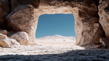 A cave opening revealing a barren landscape under a clear blue sky.