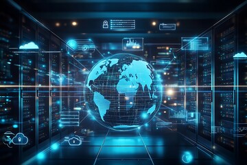 Obraz premium Advanced Data Processing and Artificial Intelligence in a Server Room with Global Map : Generative AI