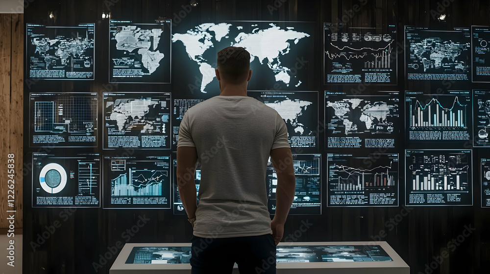 Poster man reviewing global data on screens