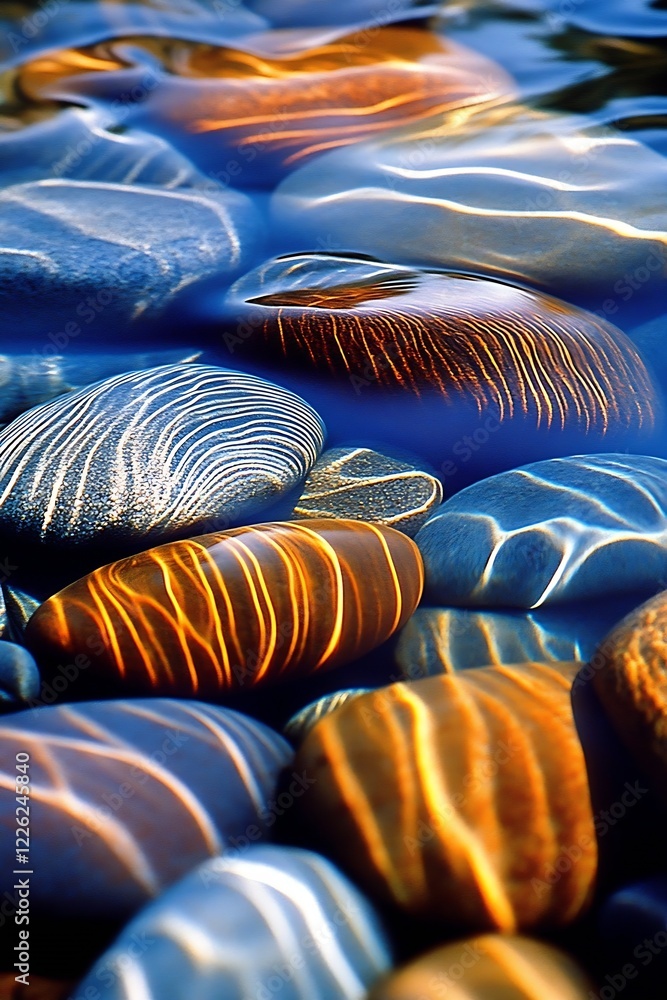 Poster vibrant underwater stones with sunlit patterns in a serene river scene : generative ai
