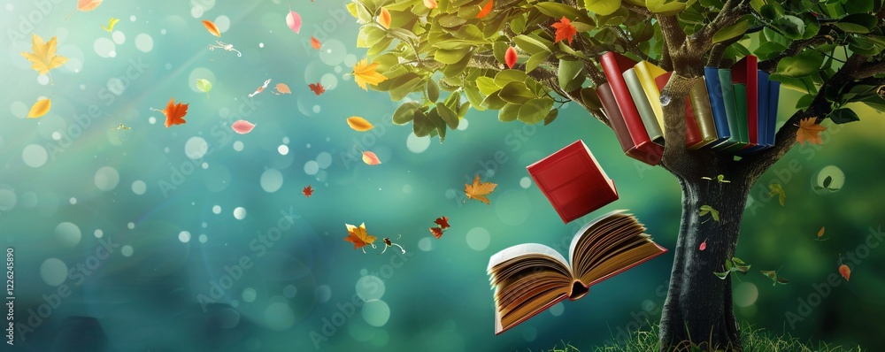 Poster tree growing books with some flying away with autumn leaves in a magical atmosphere