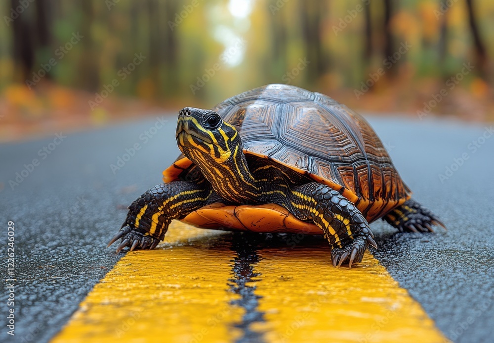 Poster vibrant turtle crawling on wet road surrounded by autumn foliage in a scenic nature setting with sof