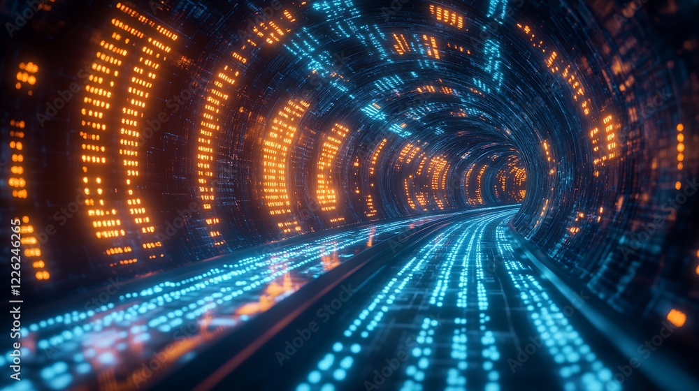 Poster Abstract Technology Tunnel with Neon Lines and Streaming Digital Data : Generative AI