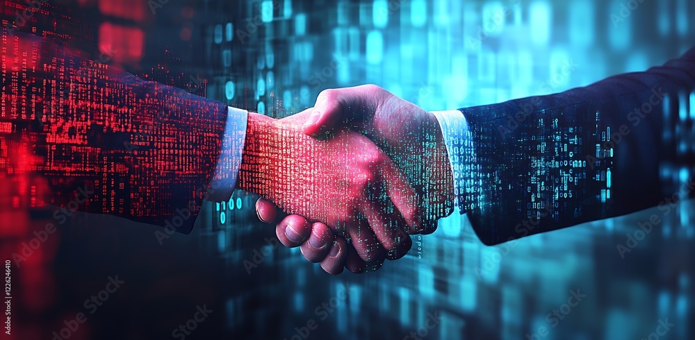 Aufkleber Business Handshake Symbolizing Technological Partnership with Binary Code Context : Generative AI