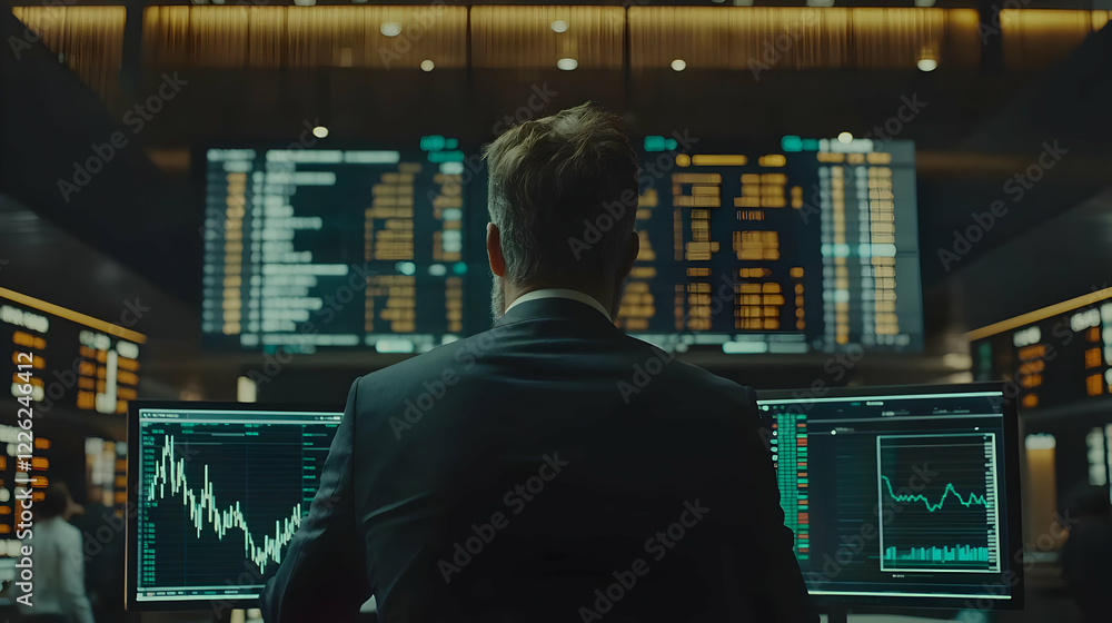 Poster trader analyzing market data on screens