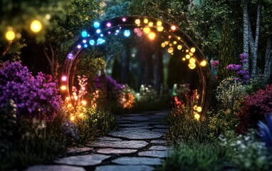 Obraz premium Experience the enchantment of supernatural flowers blooming in a mystical garden adorned with vibrant lights