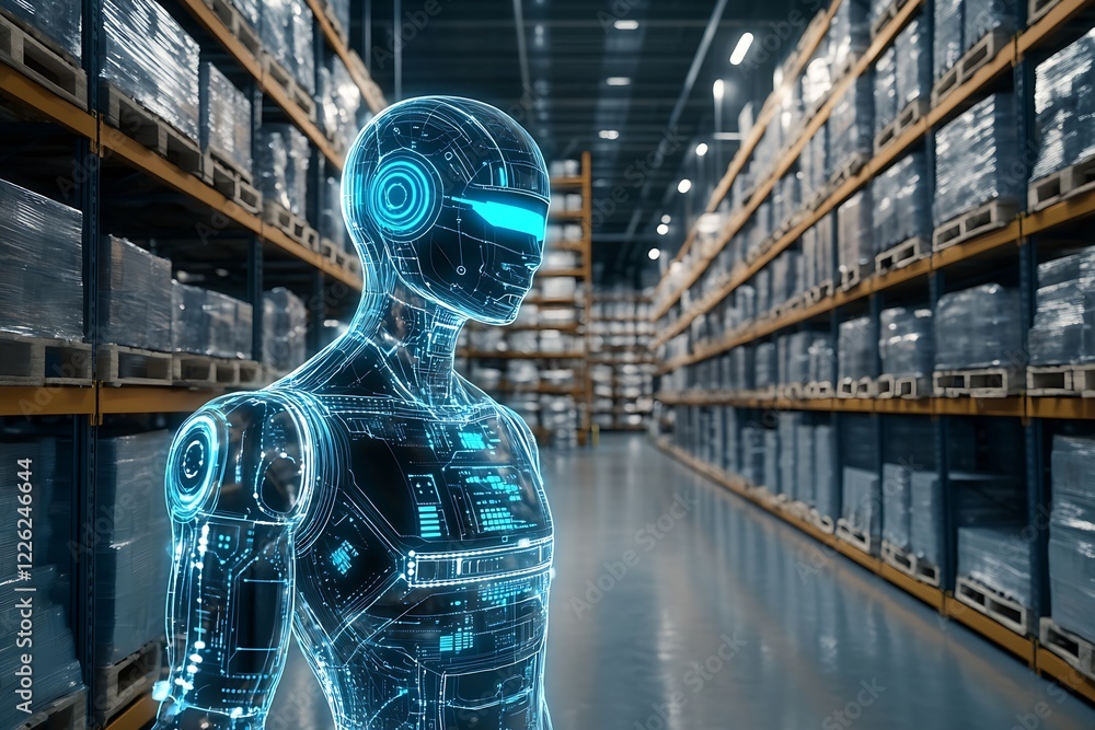 Fototapete futuristic ai robot in high-tech warehouse with illuminated shelves and boxes : generative ai