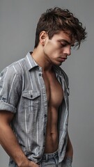 Obraz premium Feeling exhausted. Portrait of tired young man with torso standing in studio against grey background