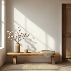 Minimalist Scandinavian Interior with Wooden Bench and Cotton Flowers