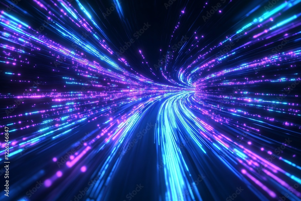 Poster dynamic futuristic digital light trails in deep space with blue and purple neon streaks : generative