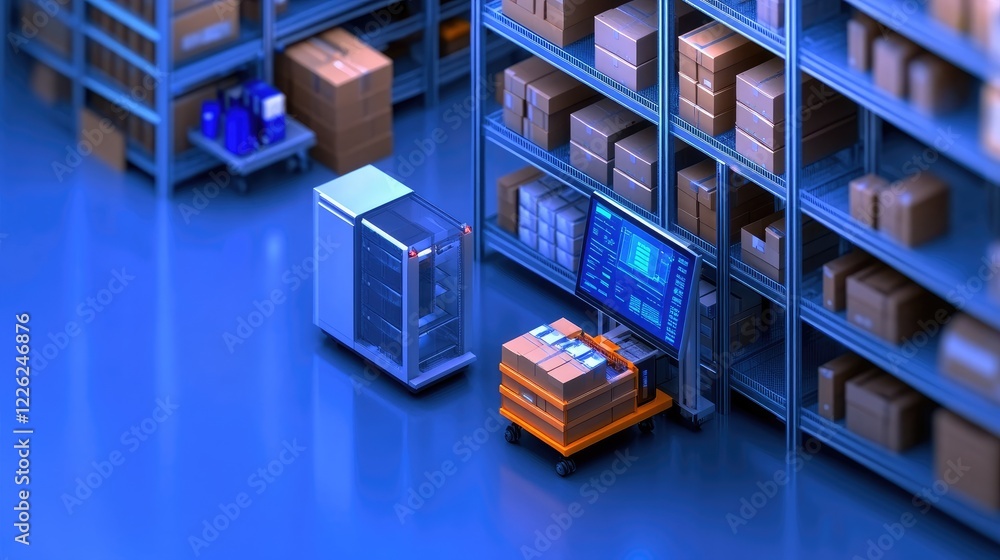 Poster automated warehouse robot moving boxes