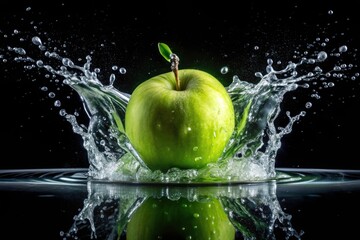 Green Apple Water Splash Black Background Photography - High Resolution Image