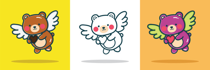 Obraz premium A bear with wings and hold a love-shaped chocolate for a valentines design element, sticker, or coloring book element
