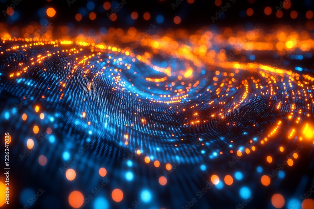 Poster Vibrant Neon Orange and Blue Dot Patterns Creating Dynamic Flowing Texture - Tech Digital Art : Generative AI
