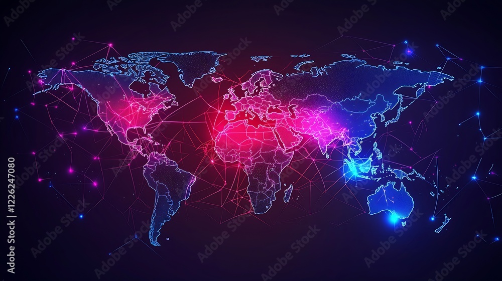 Poster futuristic digital world map in neon colors illustrating global connectedness and technology advance