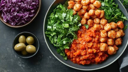 Gnocchi tomato sauce bowl, herbs, olives, kitchen