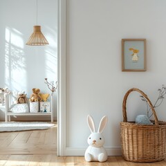 Minimalist Scandinavian Children's Room with White Rabbit Figurine and Wicker Basket