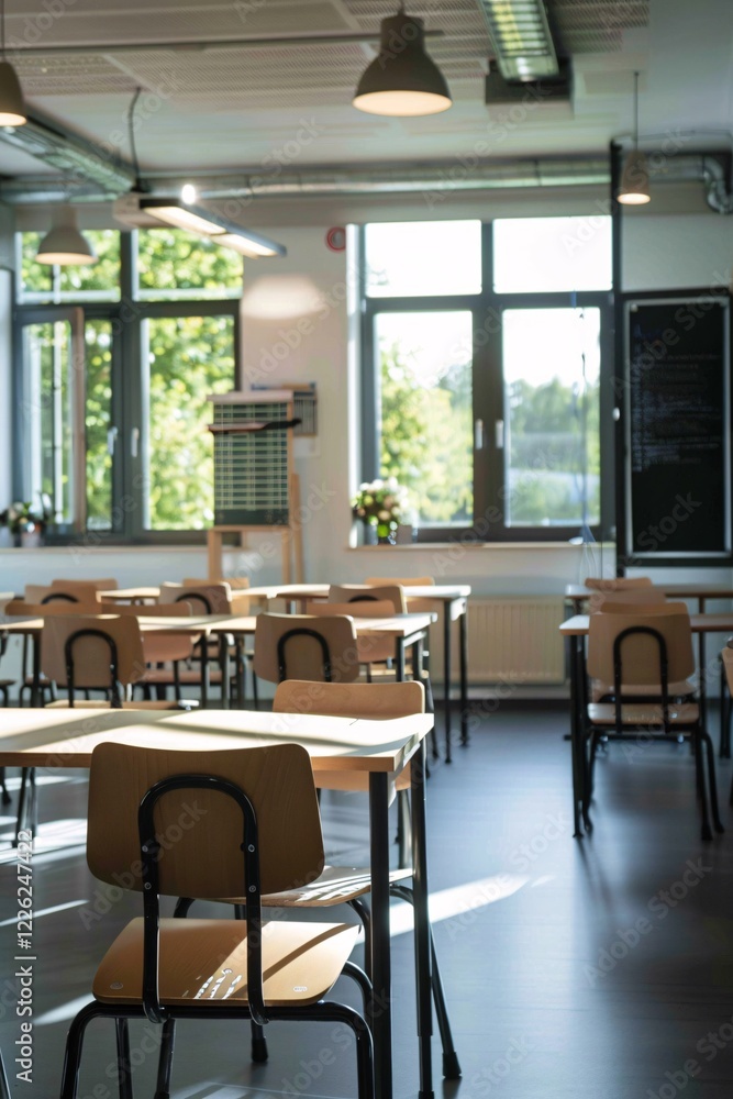 Poster empty classroom interior with desks and chairs with sunlight shining through windows