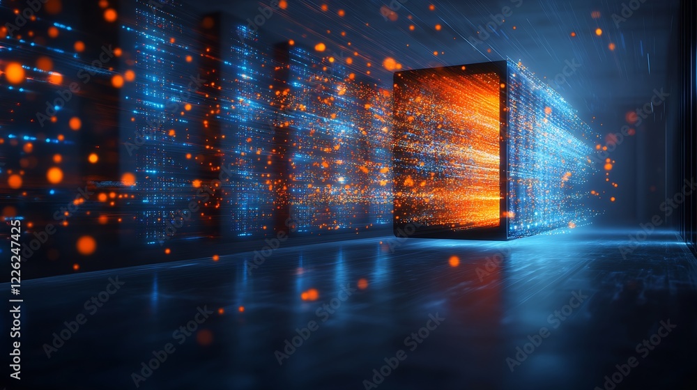 Poster Dynamic Digital Server Room With Flowing Electromagnetic Data Streams : Generative AI