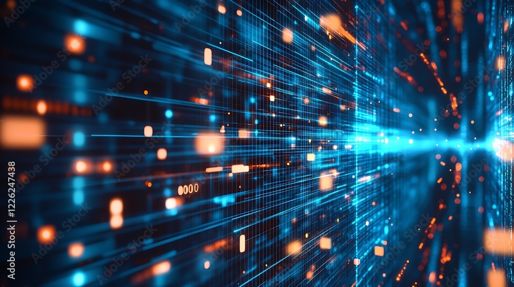 Aufkleber Digital Data Transmission with Glowing Blue and Orange Patterns Representing Modern Technology : Generative AI