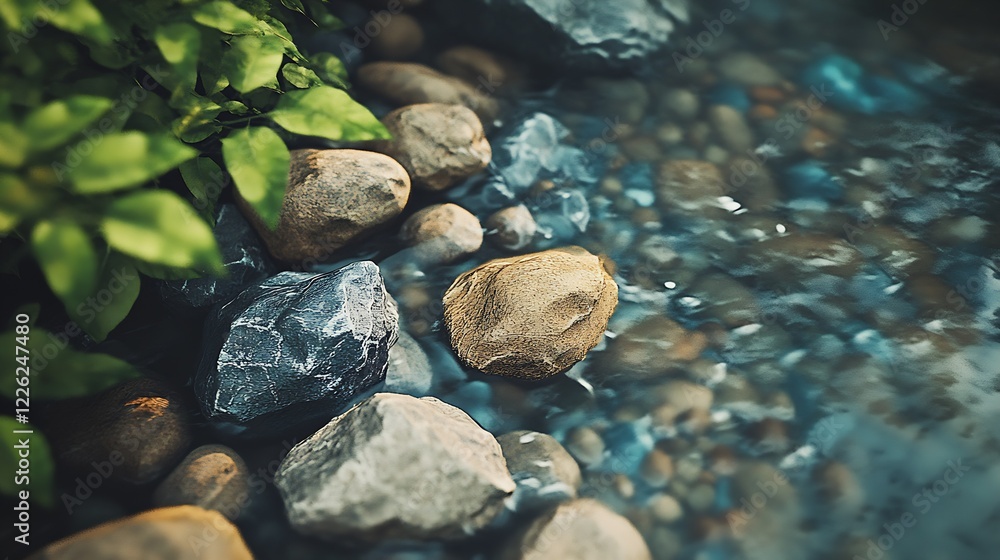 Poster serene natural stream with rocks and moss in lush woodland setting : generative ai