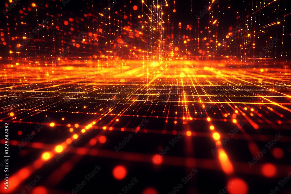 Poster bright orange matrix of light in a digital and futuristic sci-fi landscape : generative ai